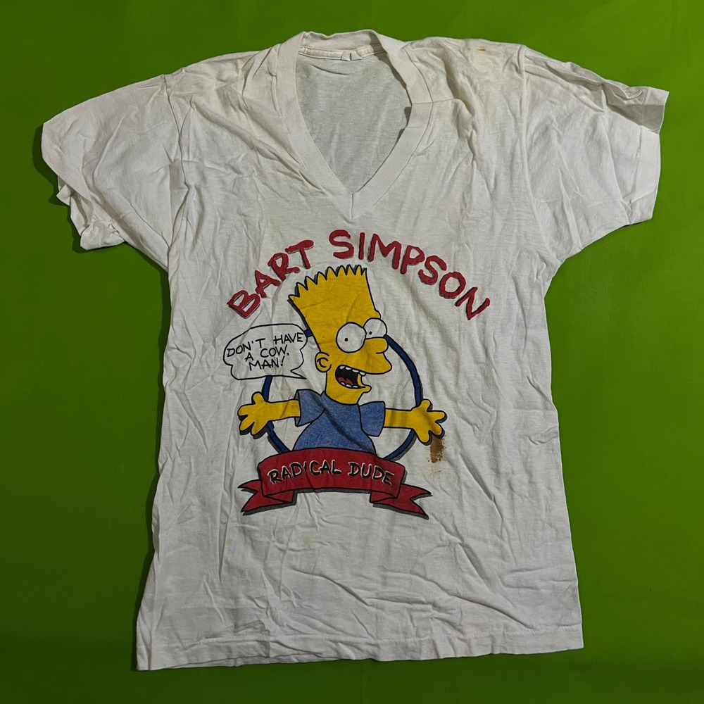 Vintage 90s Bart Simpson Radical Dude V-Neck Graphic T-Shirt White Small